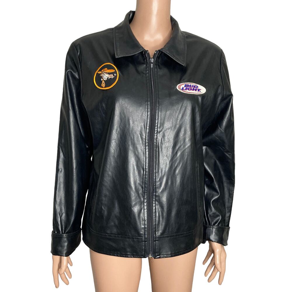 Kathy Ireland Jacket Womens Large Black Faux Leather Full Zip Vinyl Patches